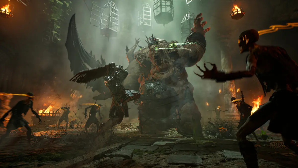 A party fighting a huge boss in a burning dungeon in ArcheAge Chronicles