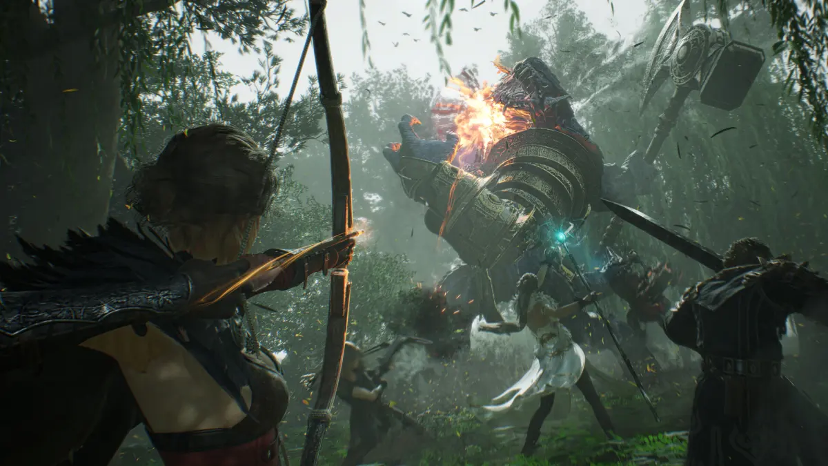 A Ranger drawing a bow while party members fight a giant armoured enemy